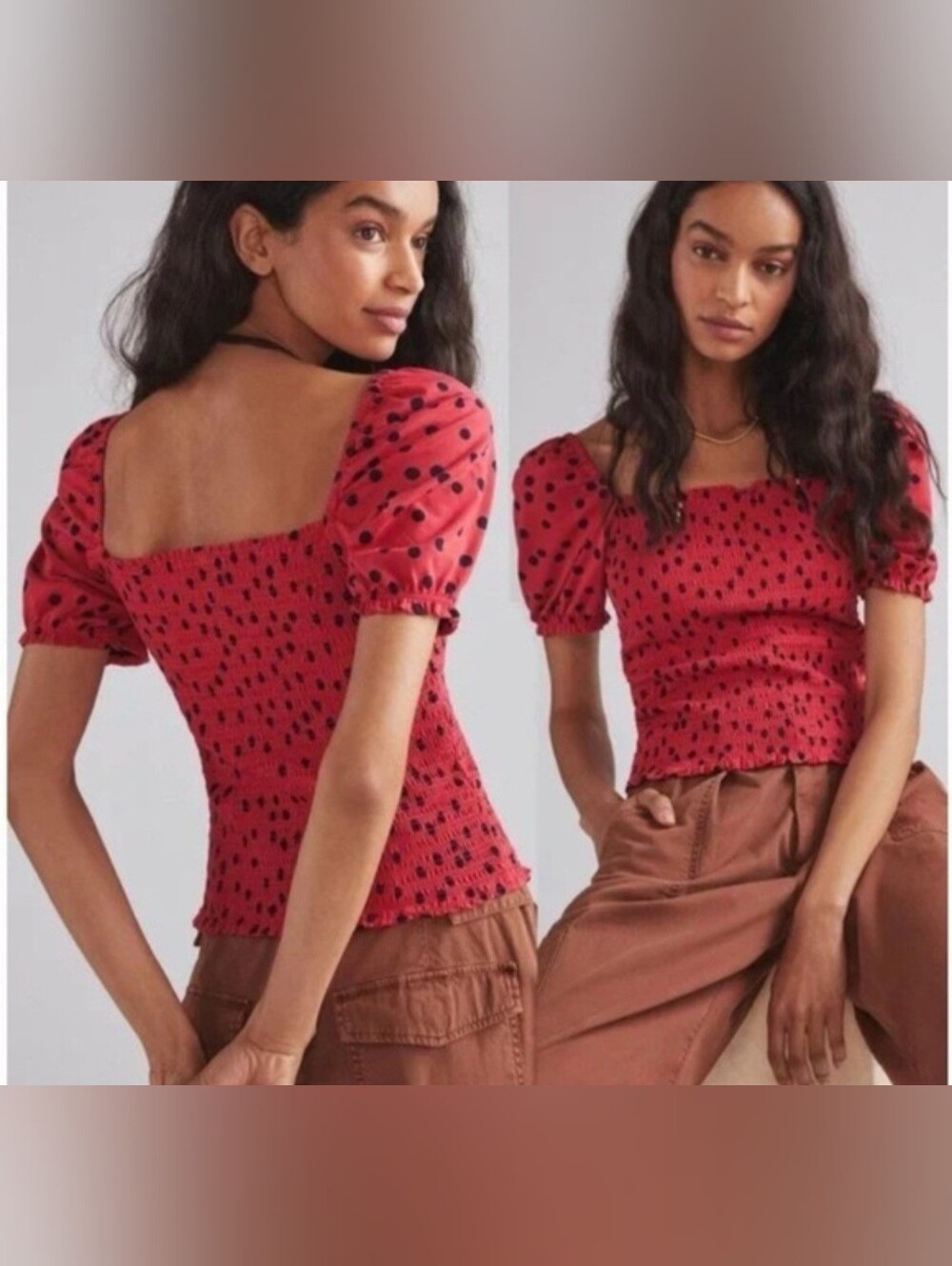 Dolan Anthropologie large red polka dot smocked puff sleeve top milkmaid